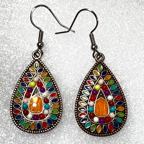 Boho Cloisonne Mosaic 2"X .8" Dangle Chandelier Multicolor Earrings Hook Clasp - Picture 6 of 6